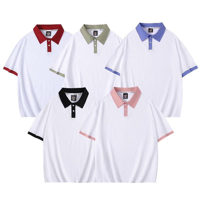 F8722- Wind Blocked Color Drop Shoulder Pure Cotton Polo Short Sleeved Lapel Polo