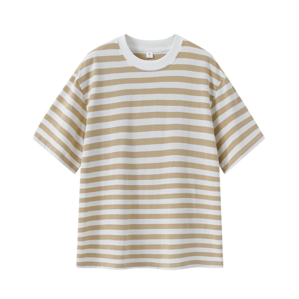 Fine Woven Striped T-shirt 39371 # Short Sleeved Round Neck