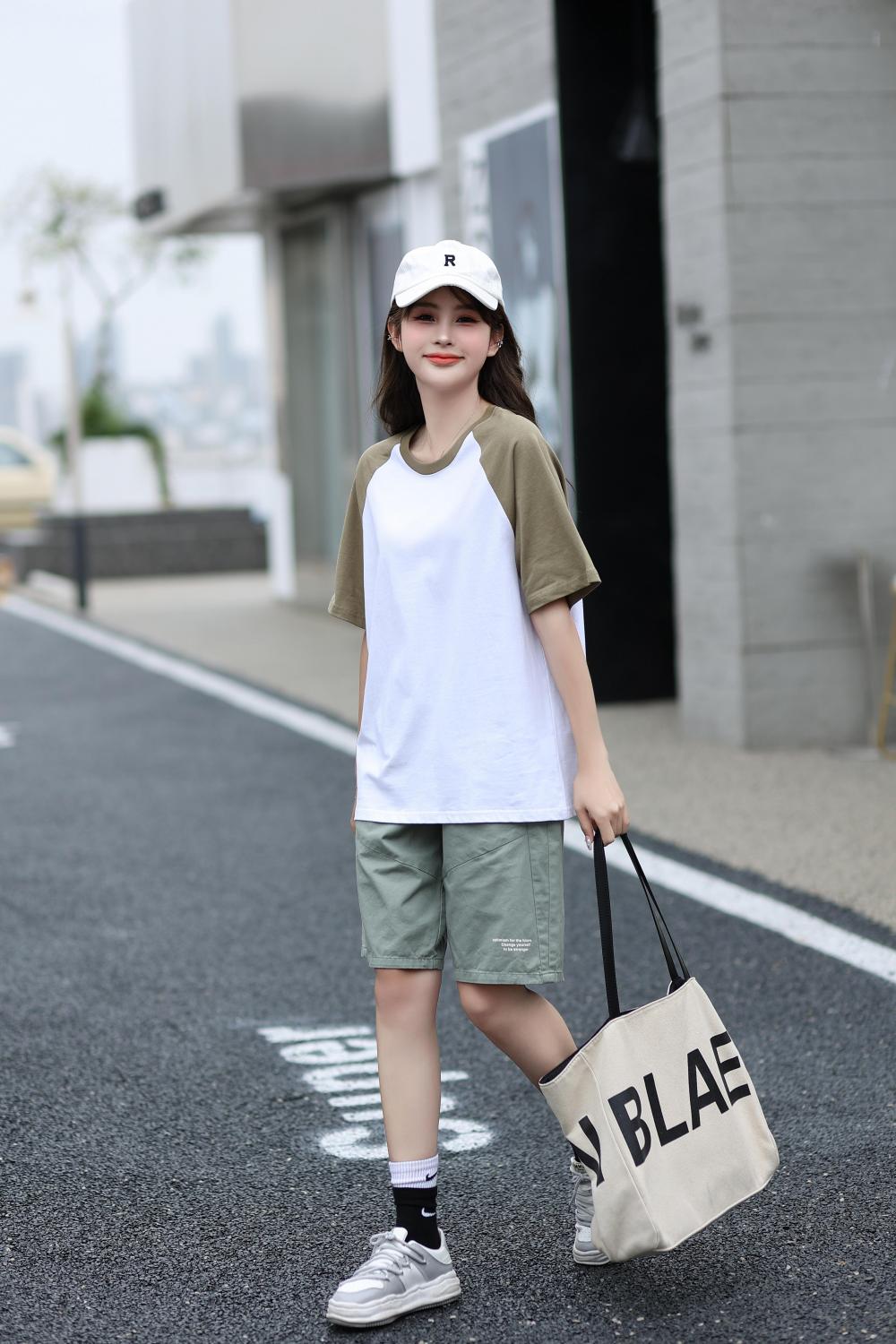 A5045-250g Trendy Brand Shoulder Insertion Round Neck Short Sleeved Cotton T-shirt Short Sleeved Shoulder Insertion