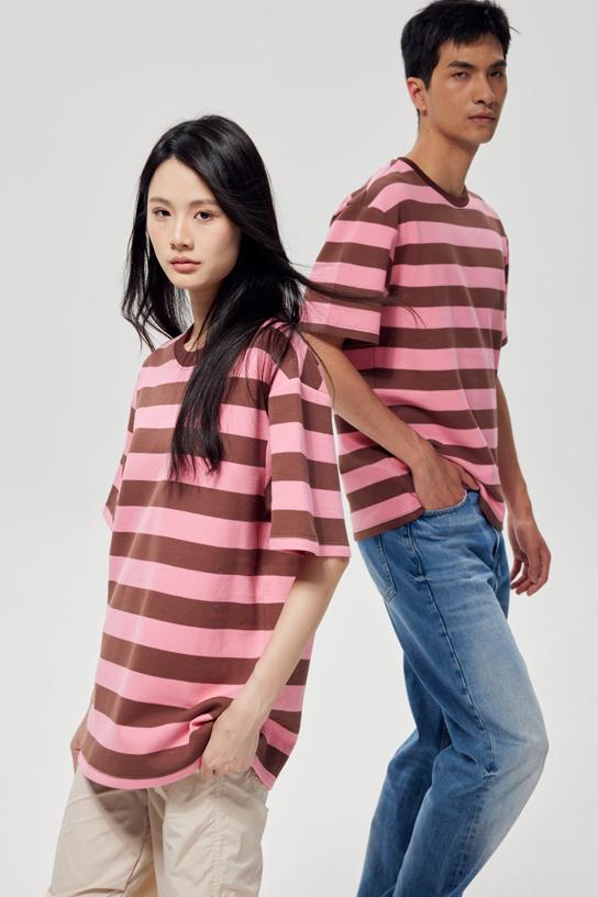 Wide Stripe Color Woven Striped Short Sleeved T-shirt 38951 # Short Sleeved Round Neck