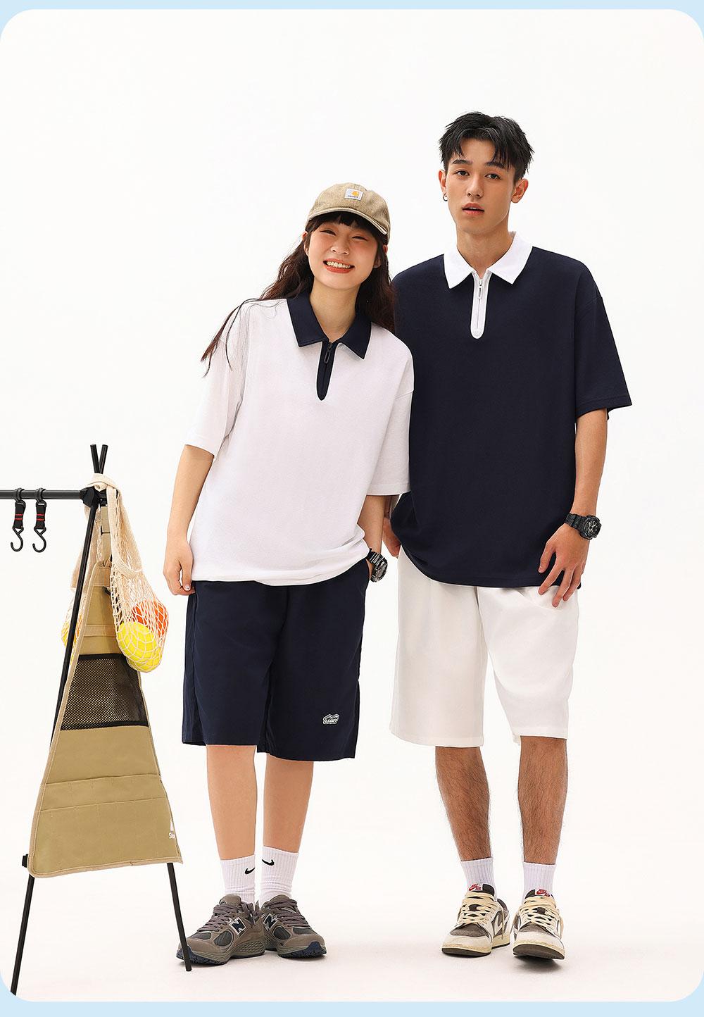 7777 # Bead Contrast Half Zipper Polo Shirt Polo Short Sleeve Collar