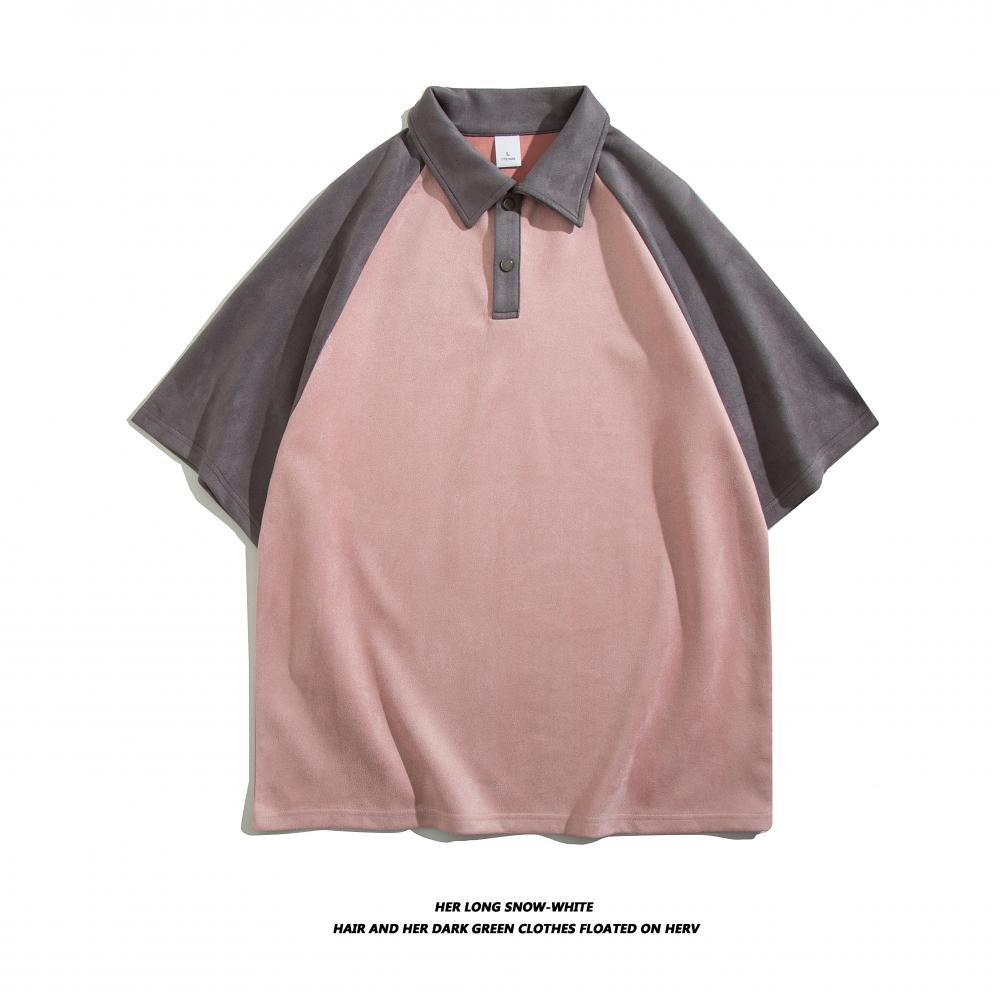 D1008 Suede Raglan Splicing Loose Trendy Brand Lapel Polo Raglan Lapel