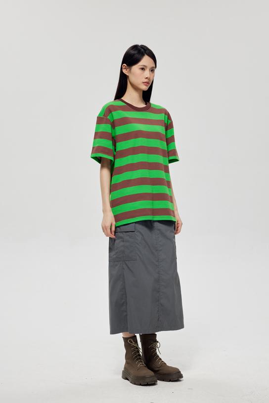 Wide Stripe Color Woven Striped Short Sleeved T-shirt 38951 # Short Sleeved Round Neck