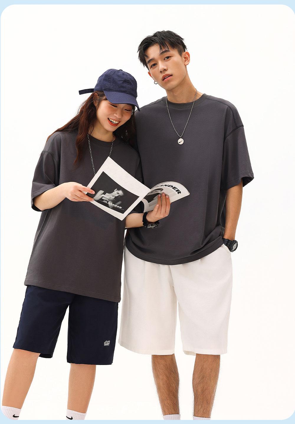 7716 # 32 Double Yarn Contrasting Thread Shoulder Down Round Neck T-shirt Short Sleeved Round Neck