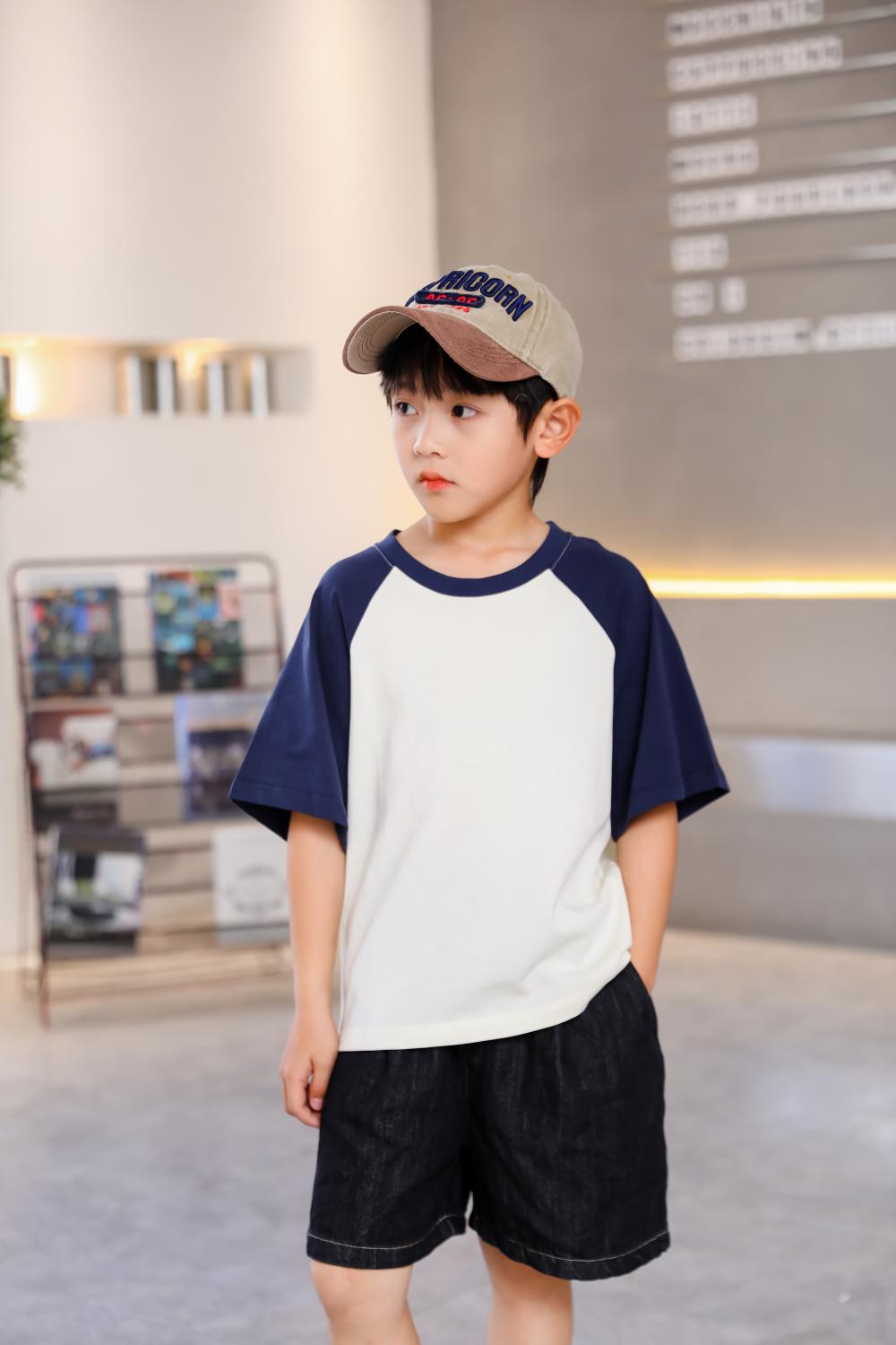 A5045-250g Trendy Brand Shoulder Insertion Round Neck Short Sleeved Cotton T-shirt Short Sleeved Shoulder Insertion