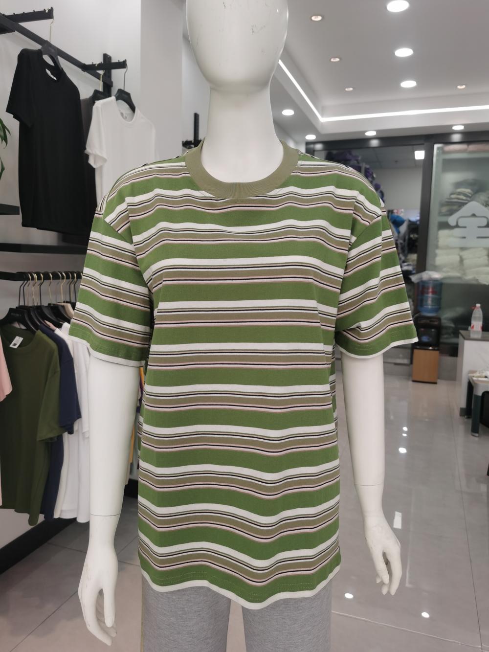 Multi Layer Color Woven Striped Short Sleeved T-shirt 36661 # Short Sleeved Round Neck