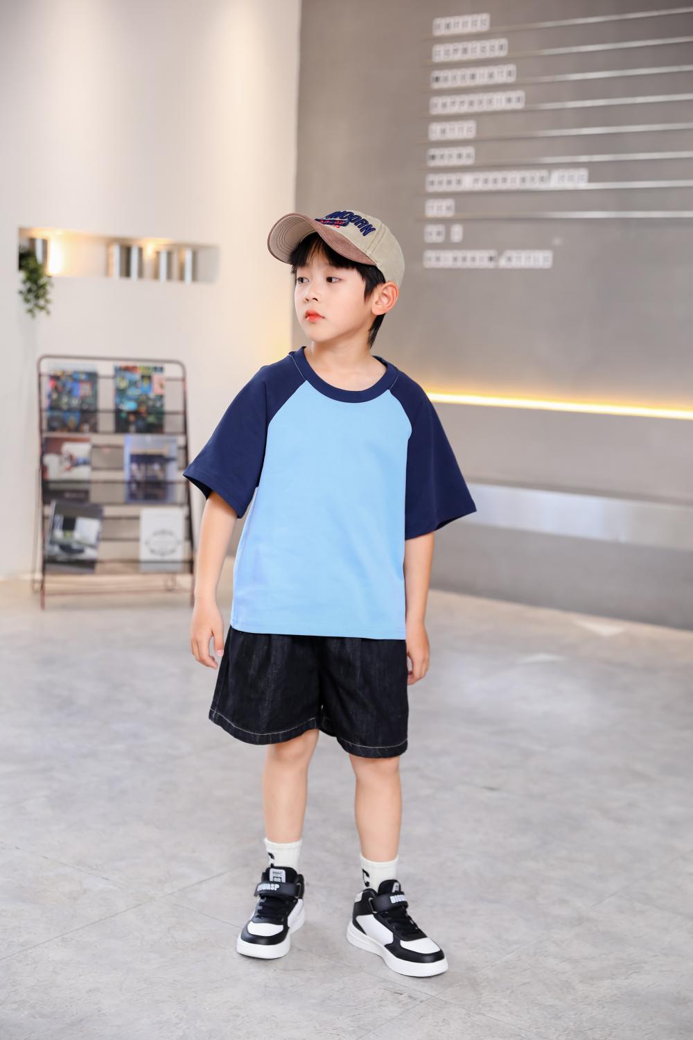 A5045-250g Trendy Brand Shoulder Insertion Round Neck Short Sleeved Cotton T-shirt Short Sleeved Shoulder Insertion