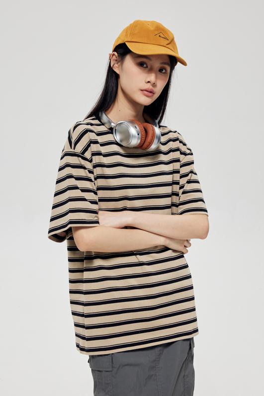 Round Neck Striped Light Version Trendy T-shirt 51191 # Short Sleeved Round Neck