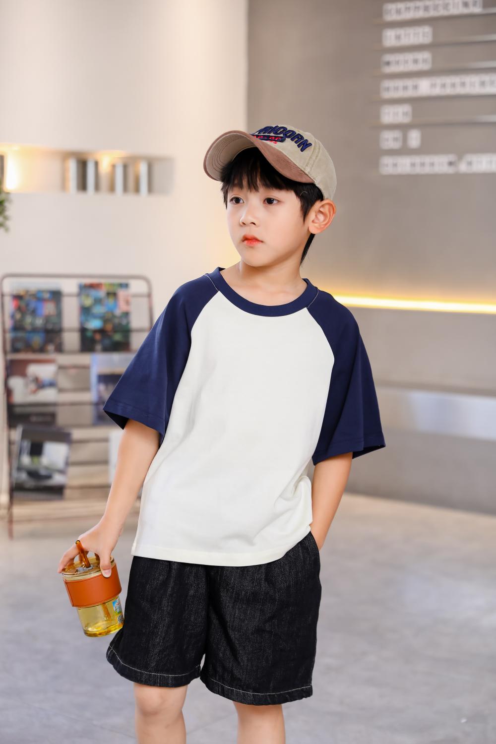 A5045-250g Trendy Brand Shoulder Insertion Round Neck Short Sleeved Cotton T-shirt Short Sleeved Shoulder Insertion