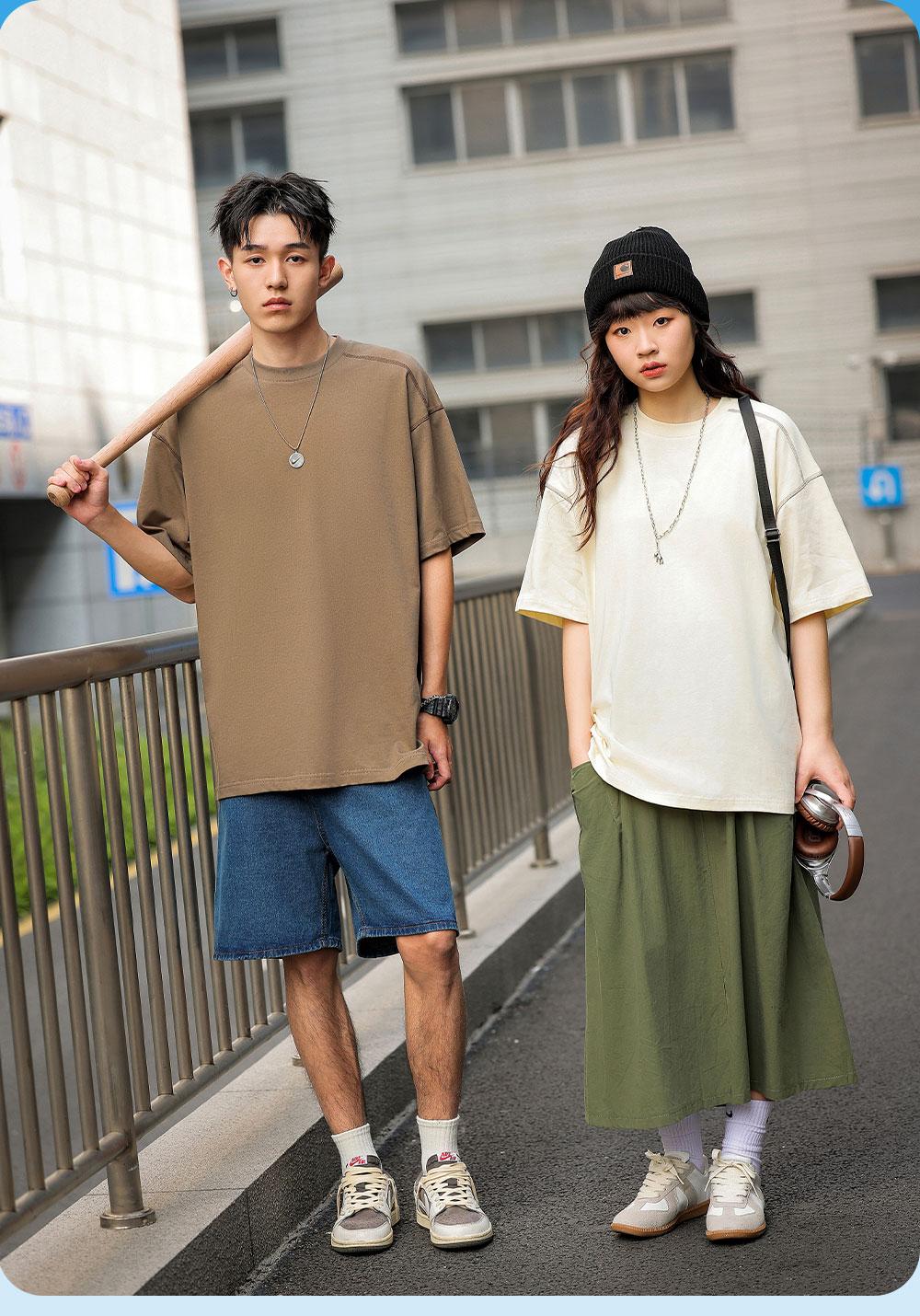 7716 # 32 Double Yarn Contrasting Thread Shoulder Down Round Neck T-shirt Short Sleeved Round Neck