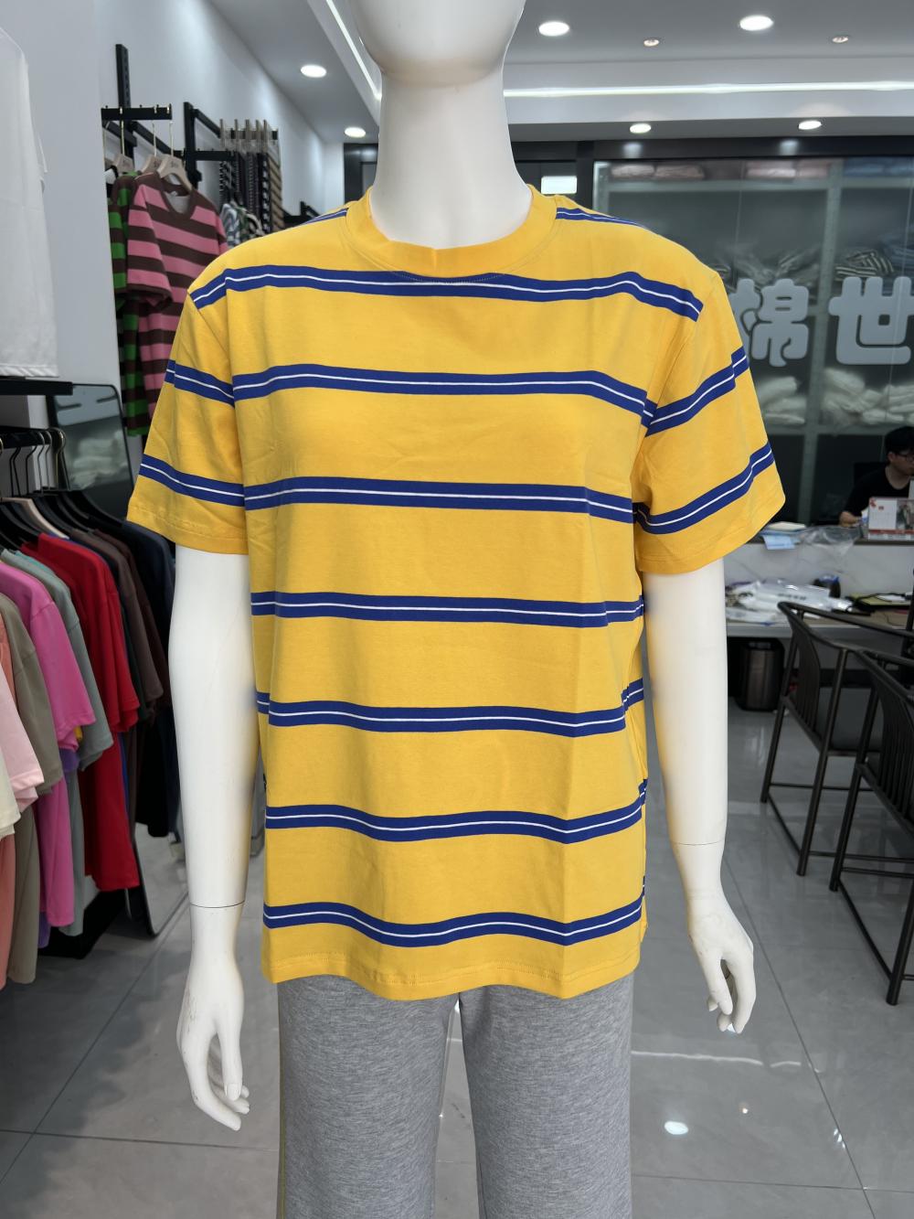 Wide Face Fine Stripe Color Woven Short Sleeved T-shirt 37921 # Short Sleeved Round Neck