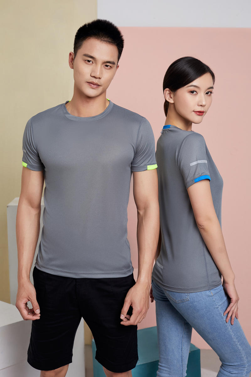 7111 Grid Quick Drying T-shirt Short Sleeved Round Neck