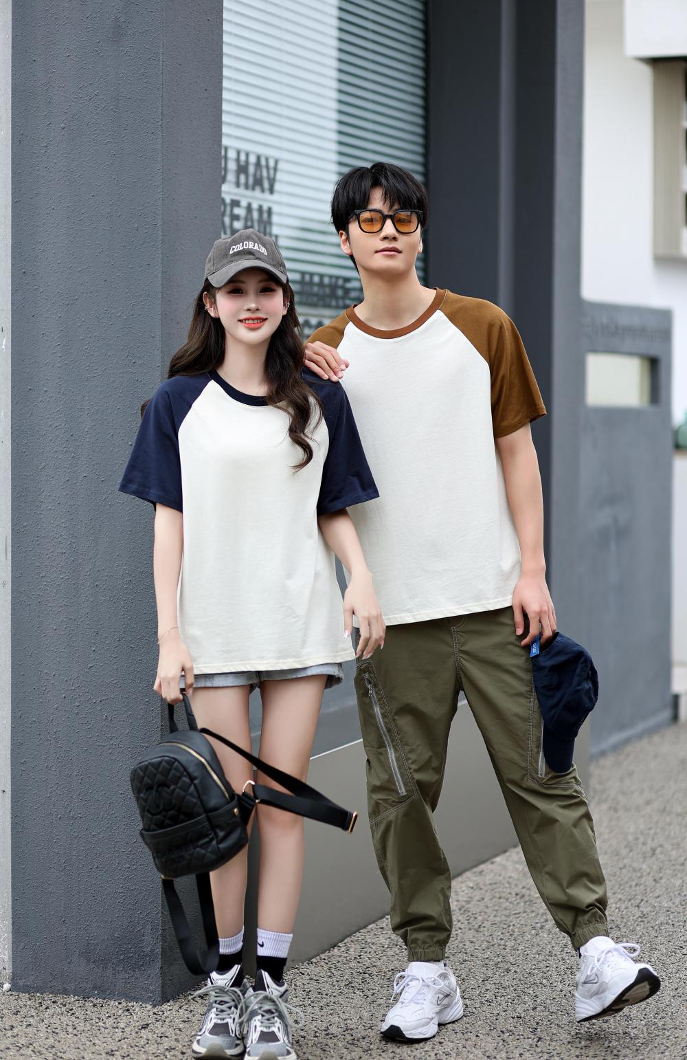 A5045-250g Trendy Brand Shoulder Insertion Round Neck Short Sleeved Cotton T-shirt Short Sleeved Shoulder Insertion