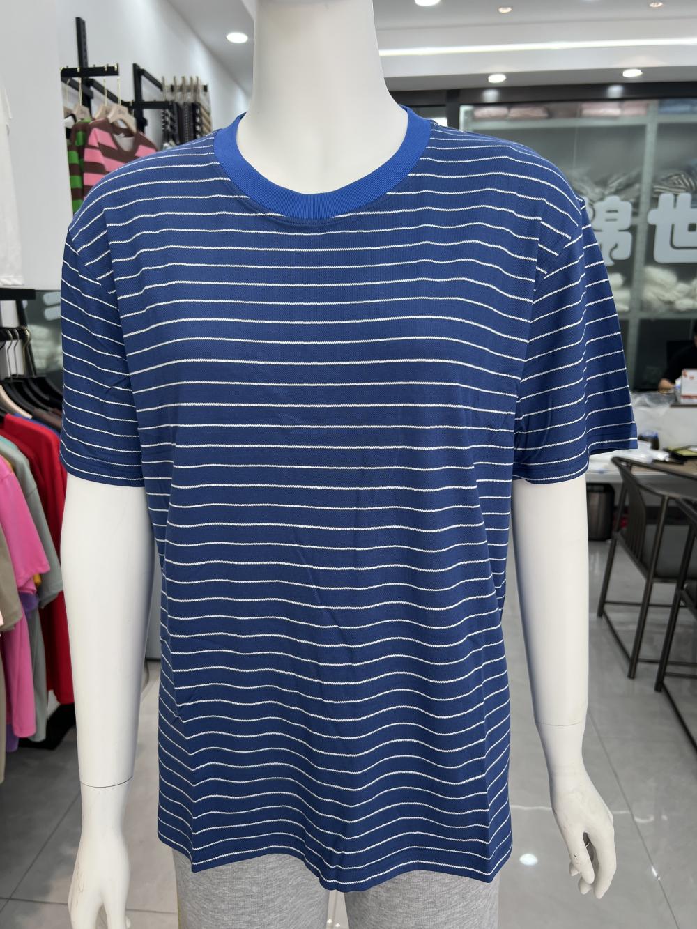 Fine Woven Striped Short Sleeved T-shirt 88601 # Short Sleeved Round Neck