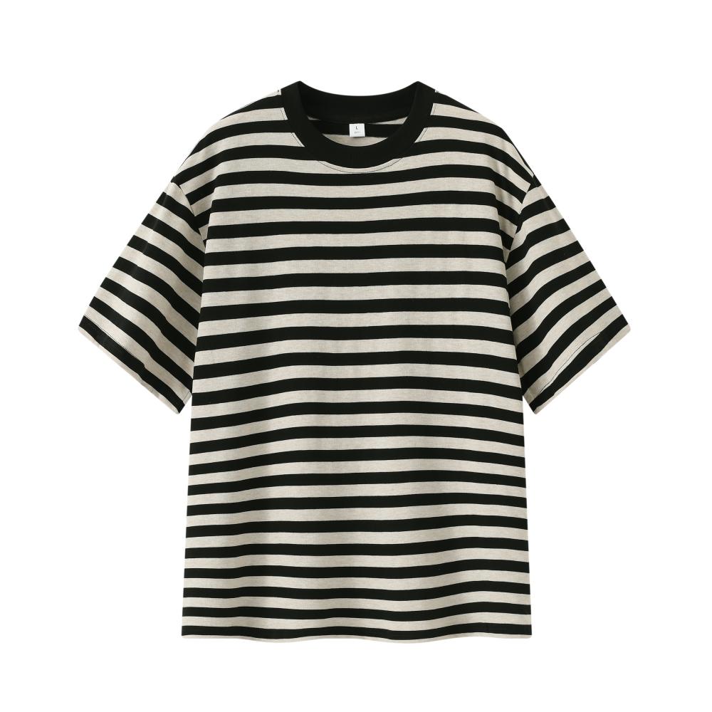 Fine Woven Striped T-shirt 39371 # Short Sleeved Round Neck