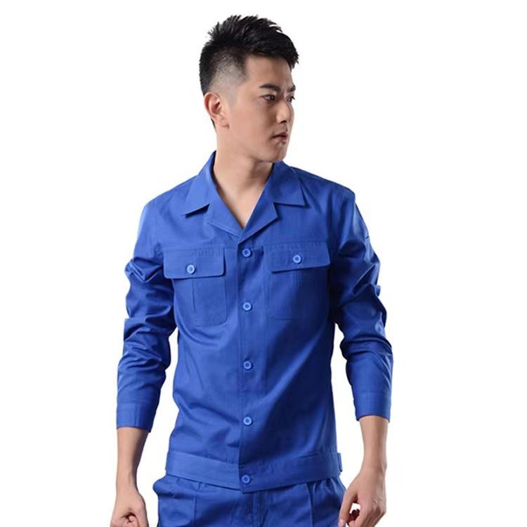 Summer Long Summer Short Same Style MYQJ615 Full Process Polyester Cotton Fine Canvas TC65/35 Bright Blue Button Style Small West Collar Set