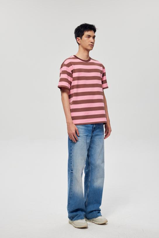 Wide Stripe Color Woven Striped Short Sleeved T-shirt 38951 # Short Sleeved Round Neck