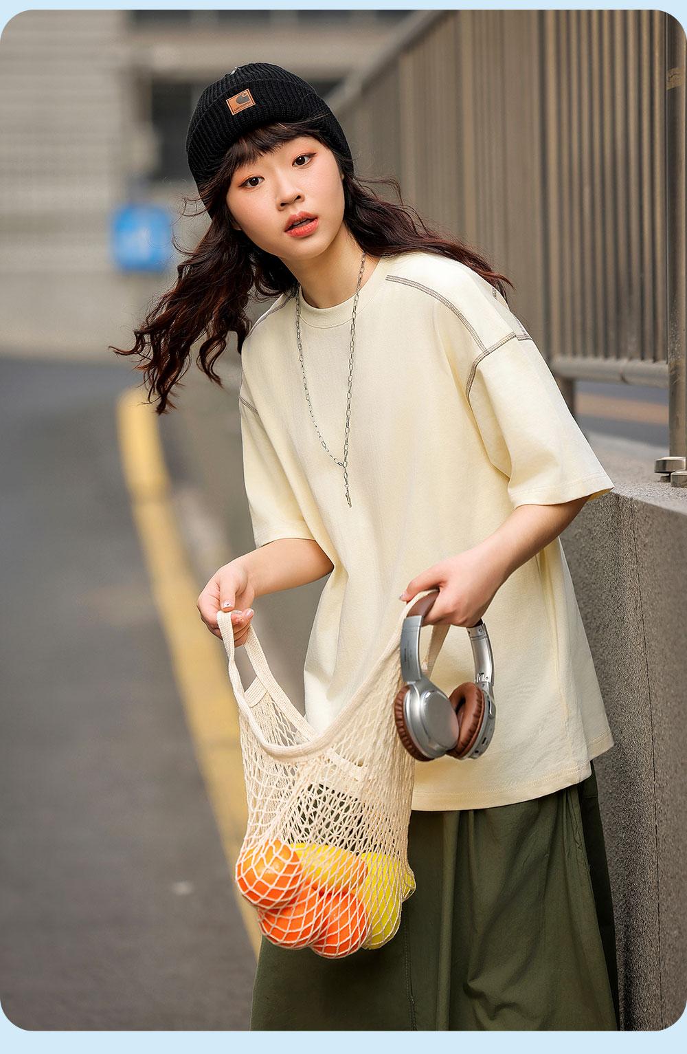 7716 # 32 Double Yarn Contrasting Thread Shoulder Down Round Neck T-shirt Short Sleeved Round Neck