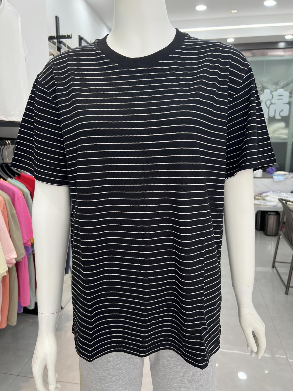 Fine Woven Striped Short Sleeved T-shirt 88601 # Short Sleeved Round Neck