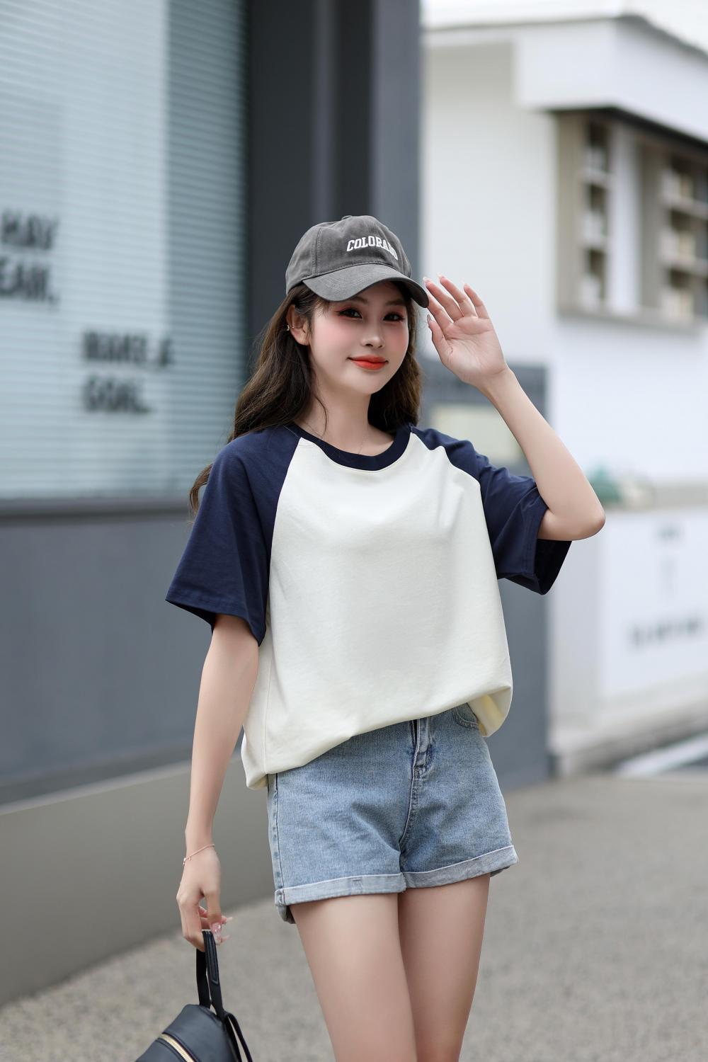 A5045-250g Trendy Brand Shoulder Insertion Round Neck Short Sleeved Cotton T-shirt Short Sleeved Shoulder Insertion