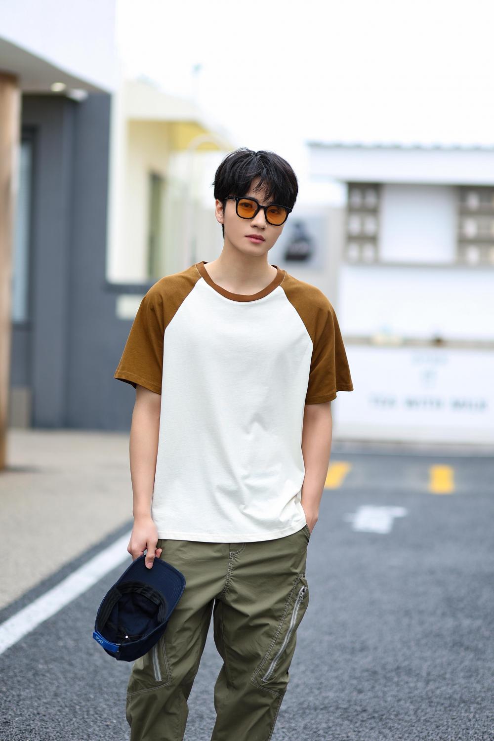 A5045-250g Trendy Brand Shoulder Insertion Round Neck Short Sleeved Cotton T-shirt Short Sleeved Shoulder Insertion