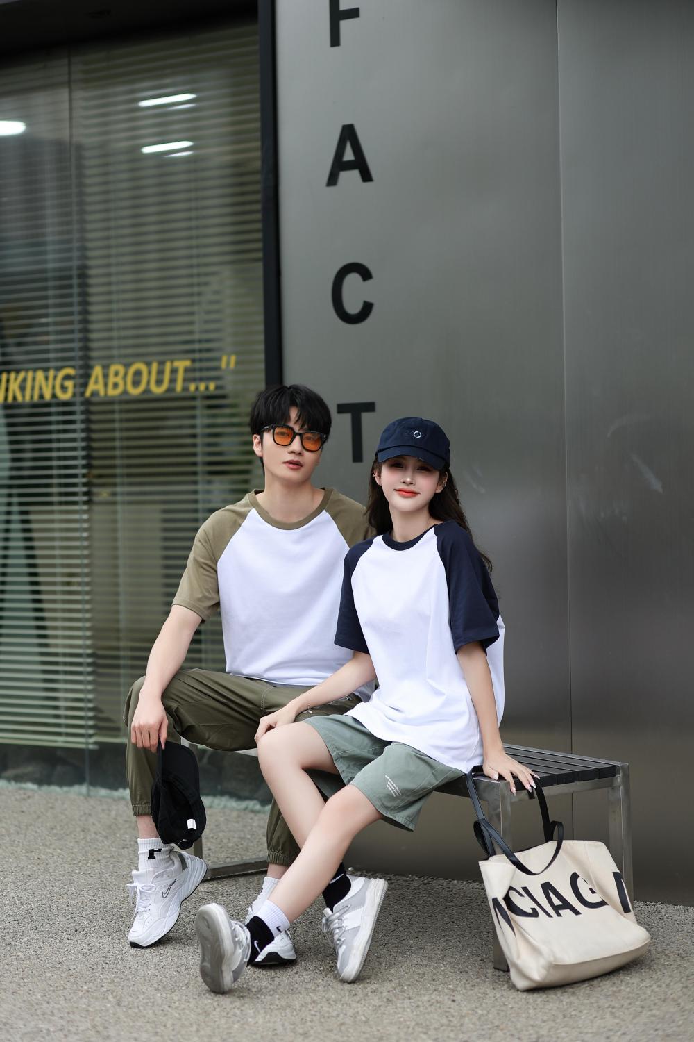 A5045-250g Trendy Brand Shoulder Insertion Round Neck Short Sleeved Cotton T-shirt Short Sleeved Shoulder Insertion