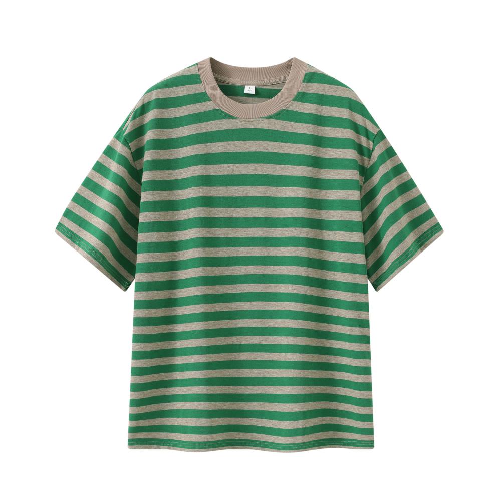 Fine Woven Striped T-shirt 39371 # Short Sleeved Round Neck