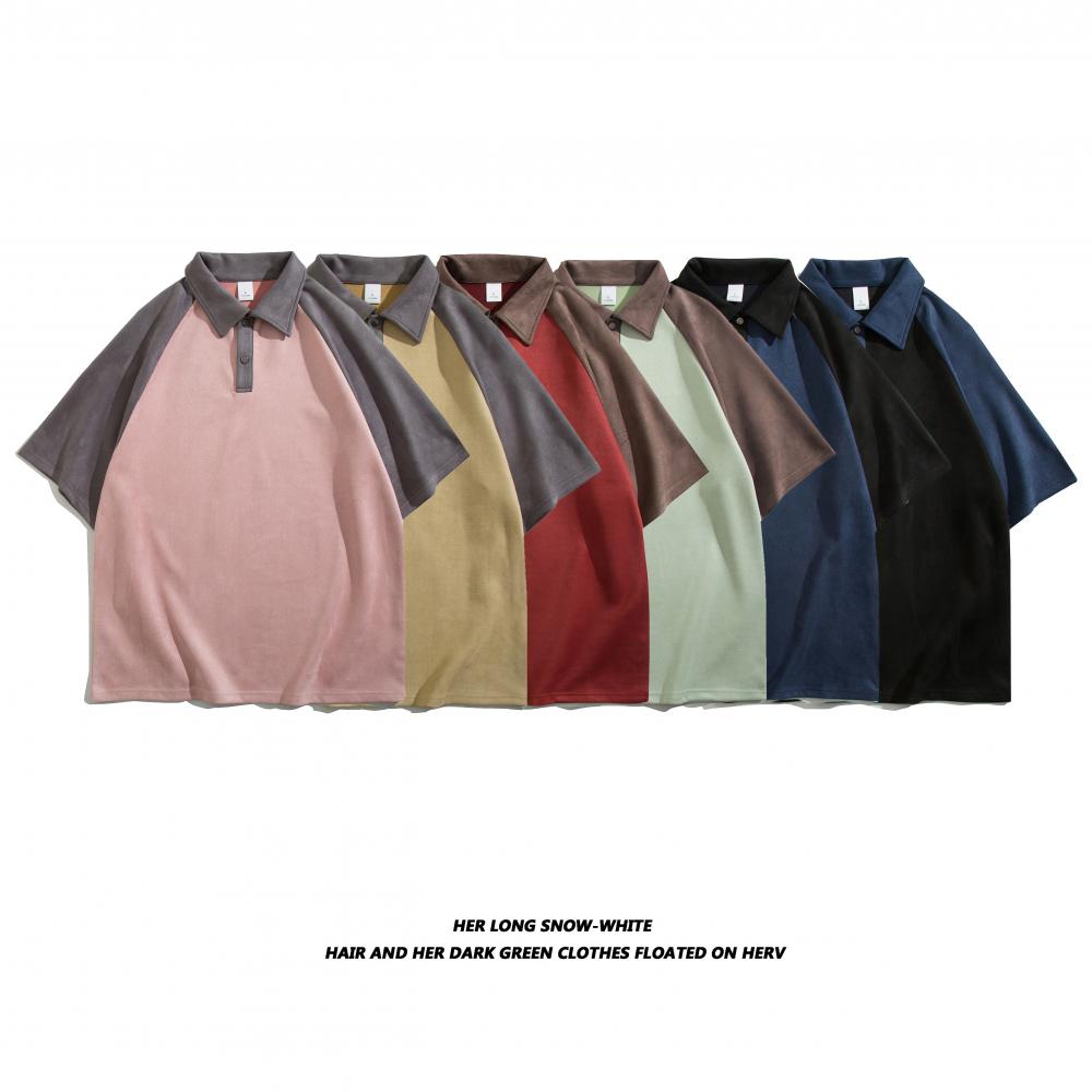 D1008 Suede Raglan Splicing Loose Trendy Brand Lapel Polo Raglan Lapel