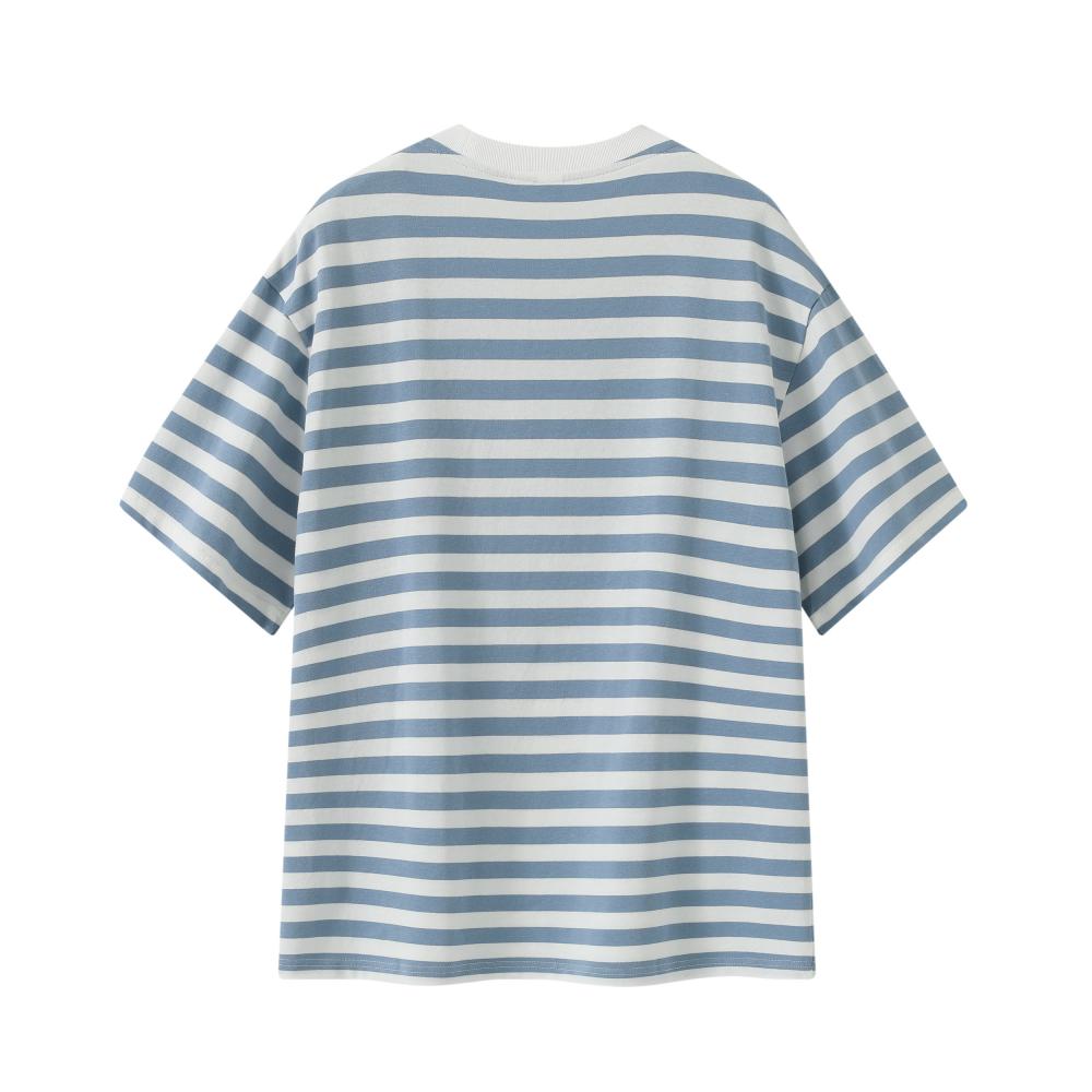 Fine Woven Striped T-shirt 39371 # Short Sleeved Round Neck