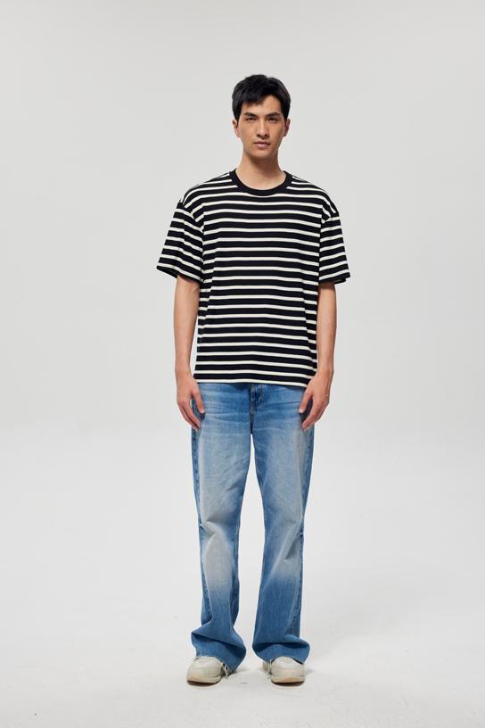 Fine Woven Striped Short Sleeved T-shirt 39391 # Short Sleeved Round Neck