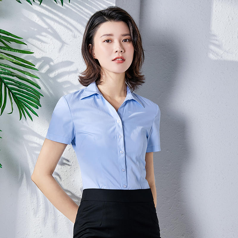 113-V Women's 40% Cotton Short Sleeved V-neck Shirt With Fine Diagonal Stripes