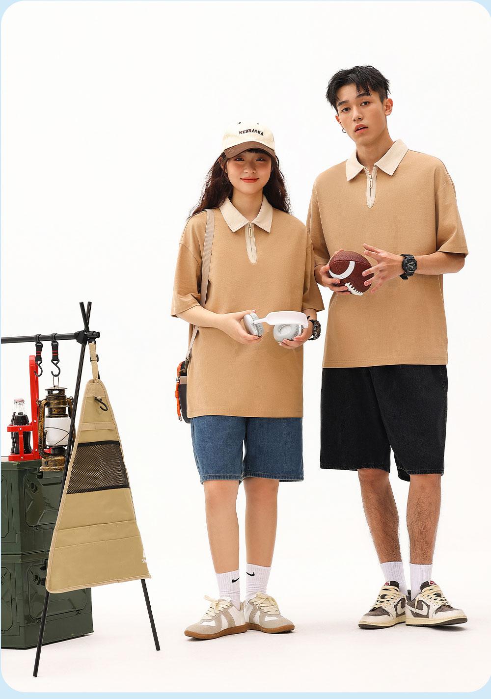 7777 # Bead Contrast Half Zipper Polo Shirt Polo Short Sleeve Collar