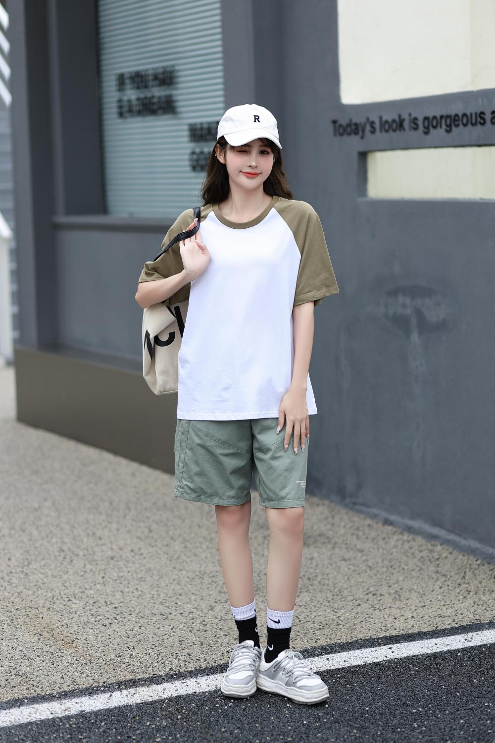 A5045-250g Trendy Brand Shoulder Insertion Round Neck Short Sleeved Cotton T-shirt Short Sleeved Shoulder Insertion