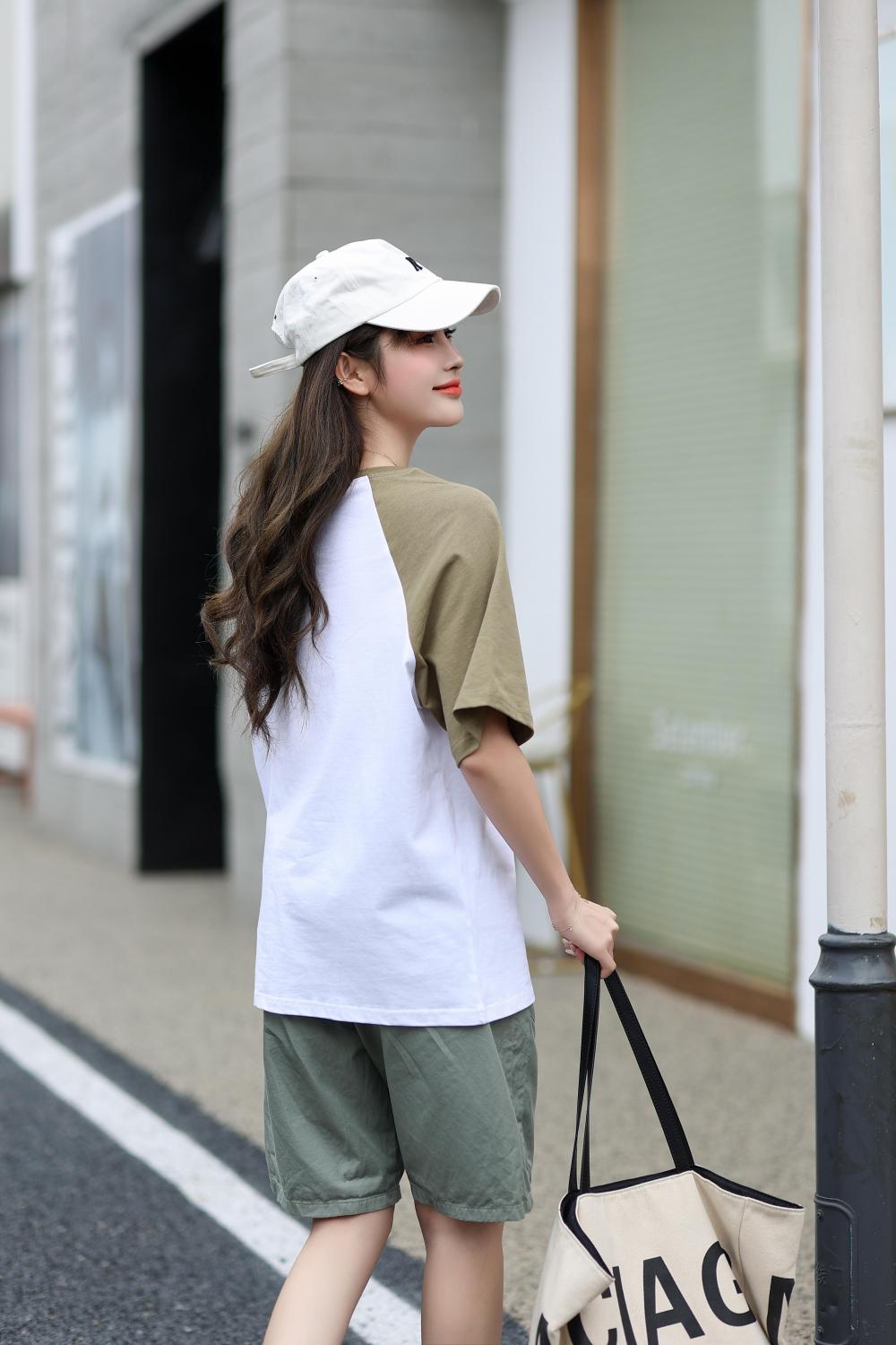 A5045-250g Trendy Brand Shoulder Insertion Round Neck Short Sleeved Cotton T-shirt Short Sleeved Shoulder Insertion