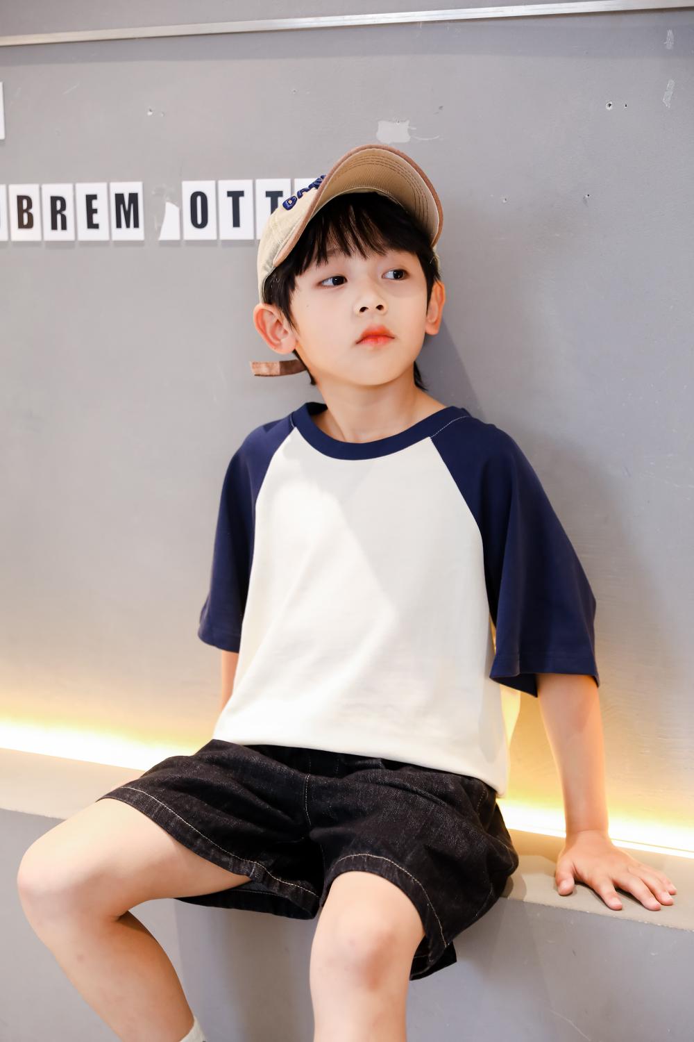 A5045-250g Trendy Brand Shoulder Insertion Round Neck Short Sleeved Cotton T-shirt Short Sleeved Shoulder Insertion