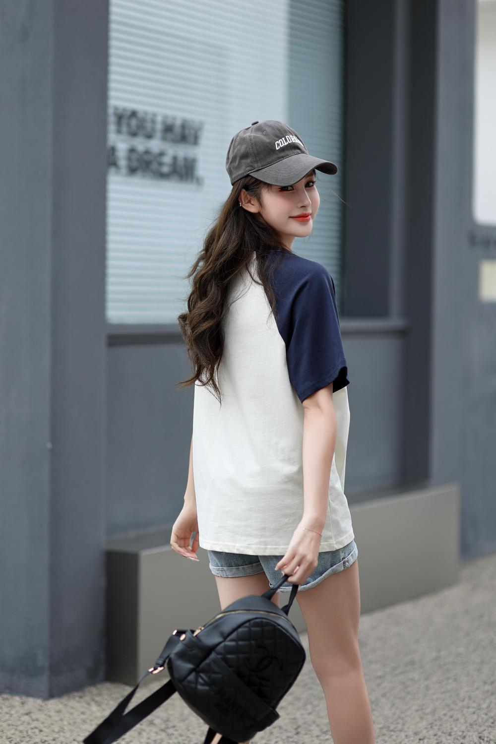 A5045-250g Trendy Brand Shoulder Insertion Round Neck Short Sleeved Cotton T-shirt Short Sleeved Shoulder Insertion