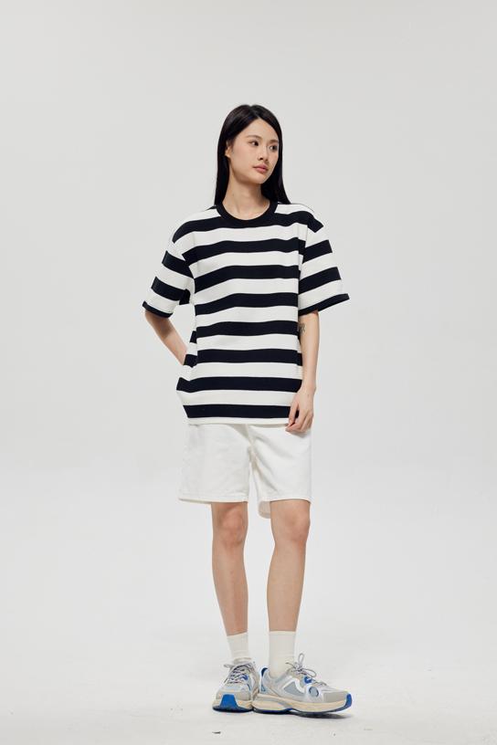 Wide Stripe Color Woven Striped Short Sleeved T-shirt 38951 # Short Sleeved Round Neck