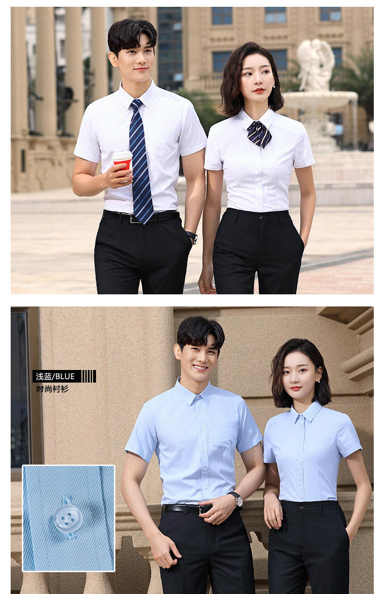 113-114- Short Sleeved Slim Twill 40% Cotton Men's And Women's Pocket Shirt Square Collar