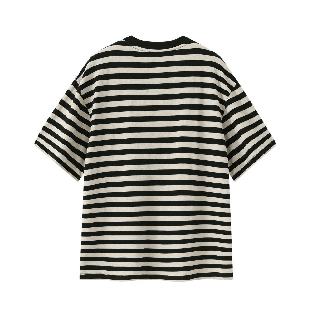 Fine Woven Striped T-shirt 39371 # Short Sleeved Round Neck