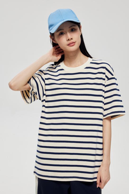 Fine Woven Striped Short Sleeved T-shirt 39391 # Short Sleeved Round Neck