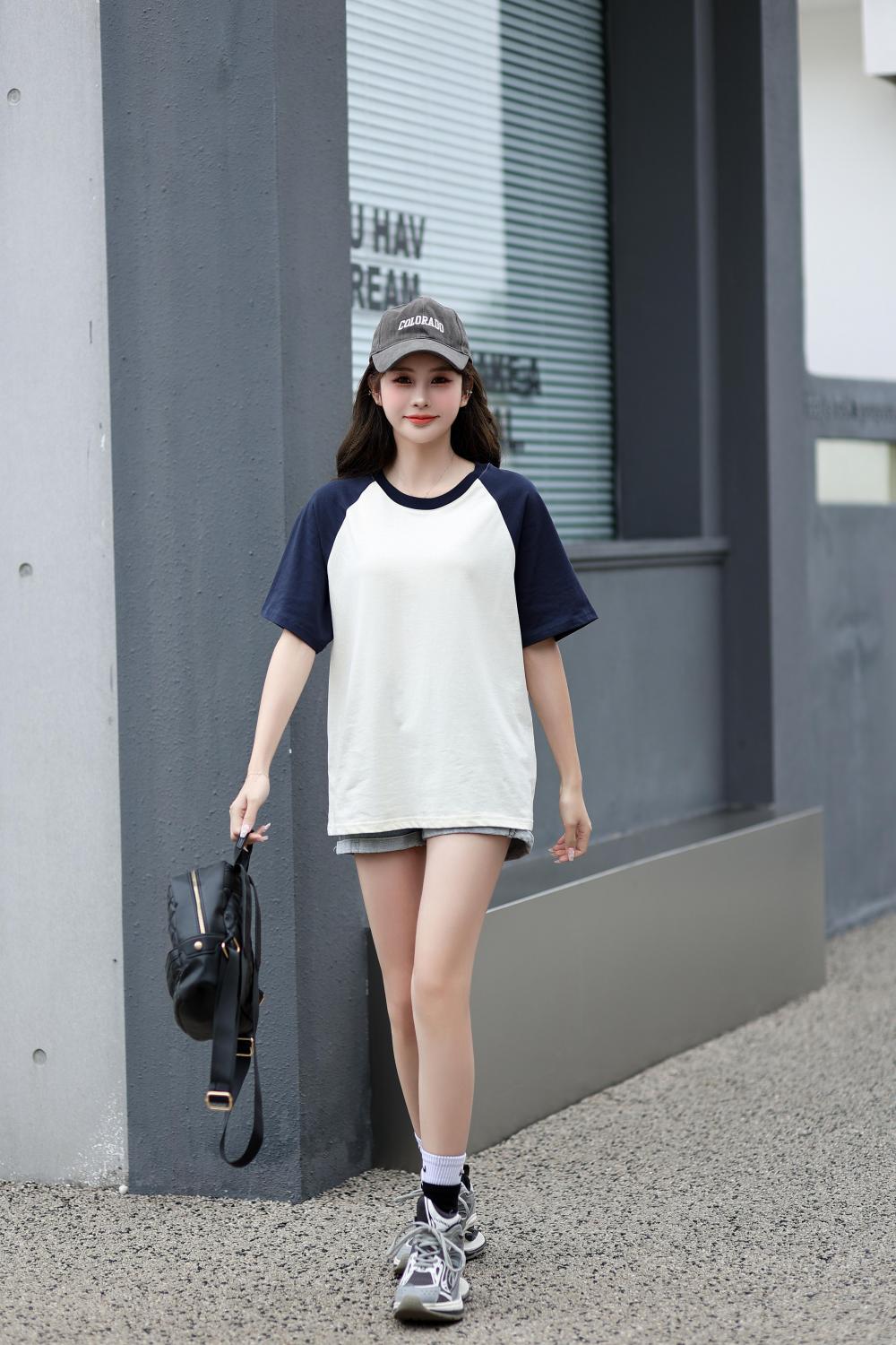 A5045-250g Trendy Brand Shoulder Insertion Round Neck Short Sleeved Cotton T-shirt Short Sleeved Shoulder Insertion