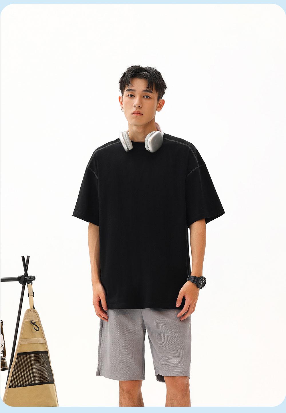 7716 # 32 Double Yarn Contrasting Thread Shoulder Down Round Neck T-shirt Short Sleeved Round Neck