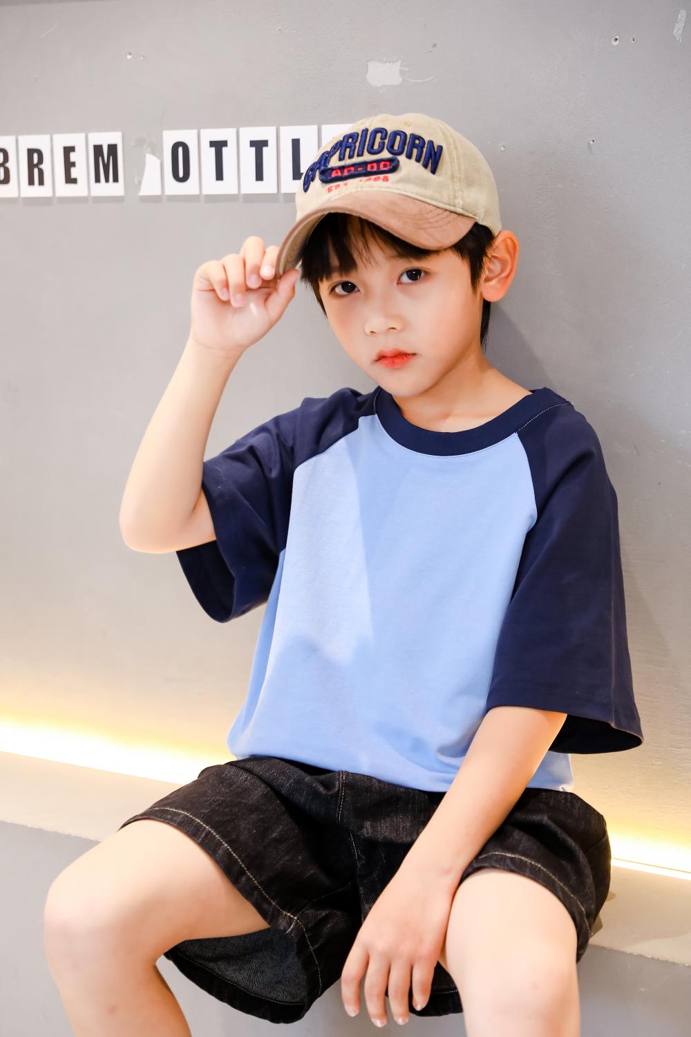 A5045-250g Trendy Brand Shoulder Insertion Round Neck Short Sleeved Cotton T-shirt Short Sleeved Shoulder Insertion