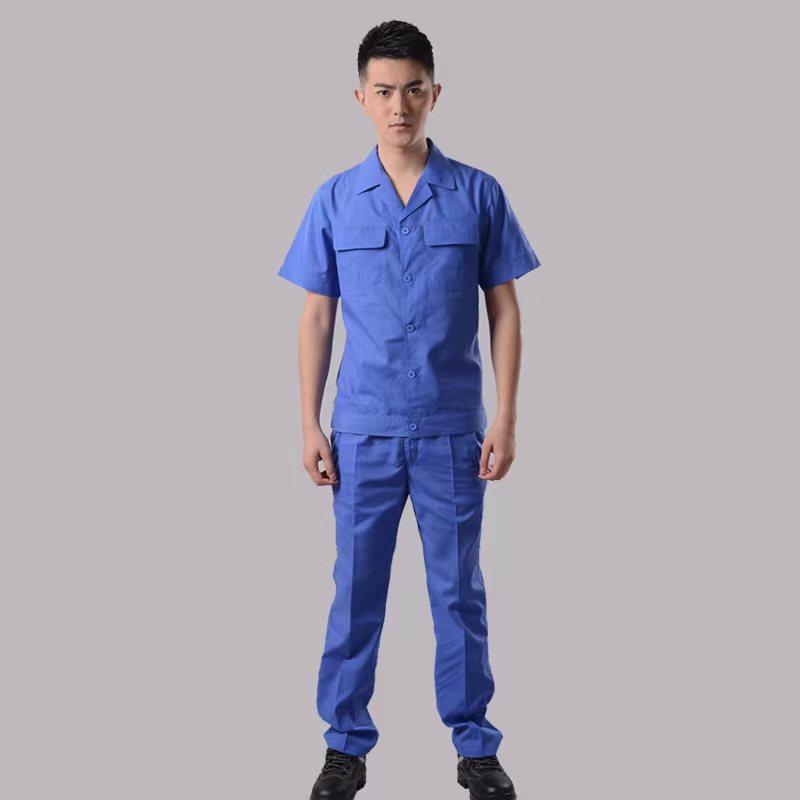 Summer Long Summer Short Same Style MYQJ619 Polyester Cotton Poplin Fabric Bright Blue Button Style Small Suit Collar Set