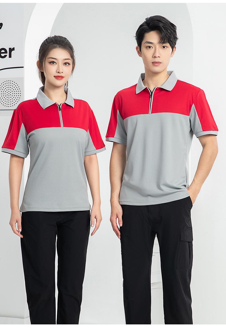 T01- Workwear Lapel Quick Drying Color Blocked Zipper Polo Shirt Short Sleeved Polo Short Sleeved Lapel