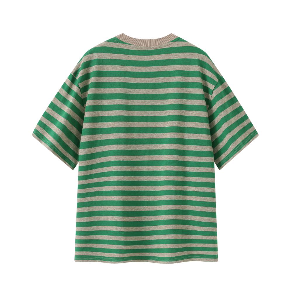 Fine Woven Striped T-shirt 39371 # Short Sleeved Round Neck