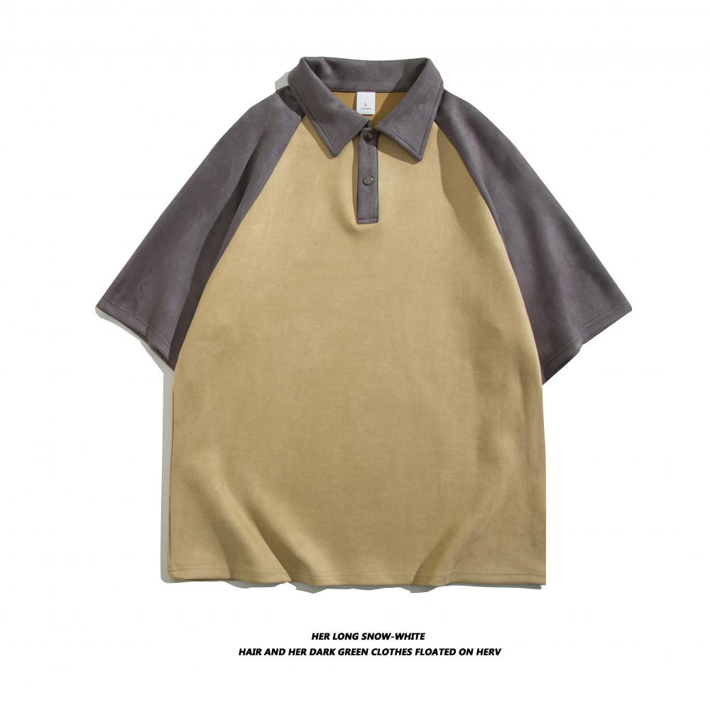 D1008 Suede Raglan Splicing Loose Trendy Brand Lapel Polo Raglan Lapel