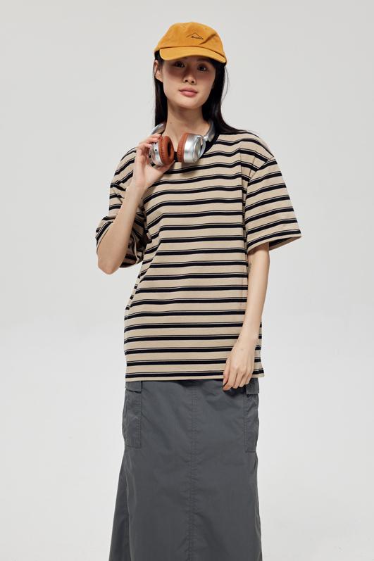 Round Neck Striped Light Version Trendy T-shirt 51191 # Short Sleeved Round Neck