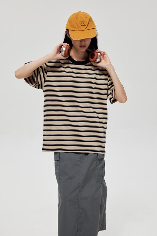 Round Neck Striped Light Version Trendy T-shirt 51191 # Short Sleeved Round Neck