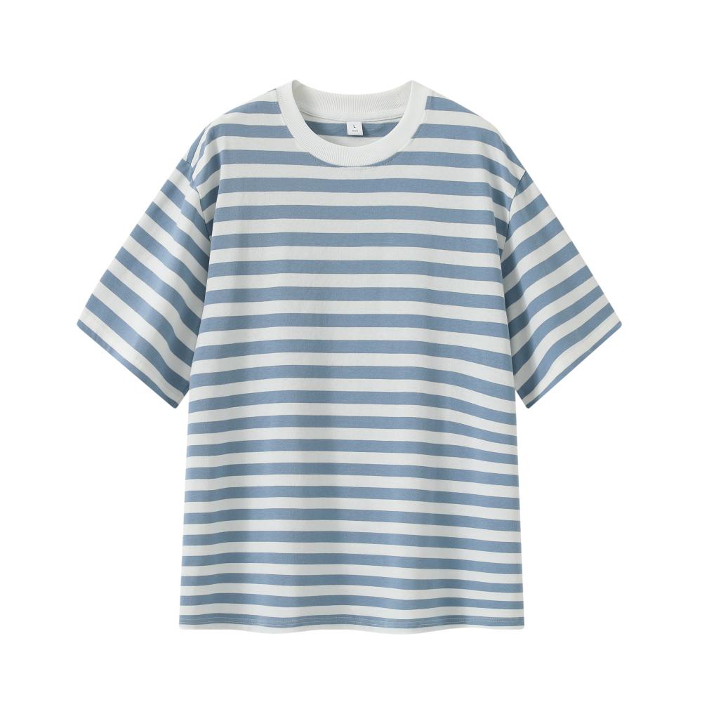 Fine Woven Striped T-shirt 39371 # Short Sleeved Round Neck